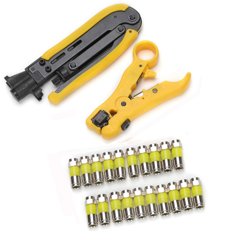  [AUSTRALIA] - TLS.eagle F Plug Compressor Connector and Adjustable Coaxial Cable Stripper Crimp Tool for RG6/RG59/RG11/RG7 20Packs Yellow