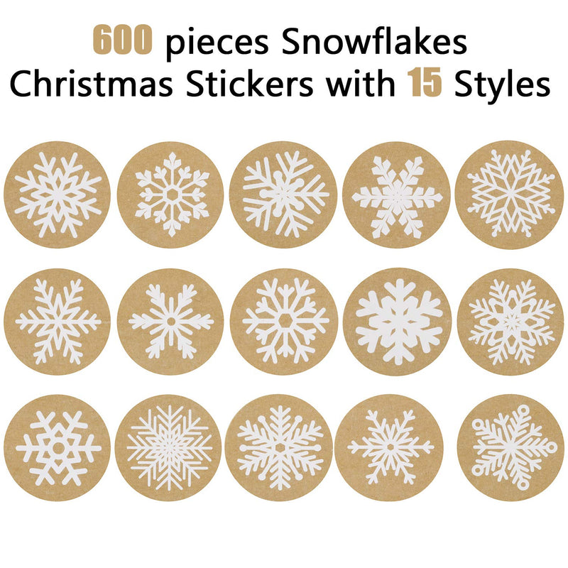 Outus 600 Pieces Snowflake Stickers Kraft Snowflake Christmas Stickers 1.5 Inch Round Snowflakes Label Decals for Envelopes Bags Seals Decorations - LeoForward Australia
