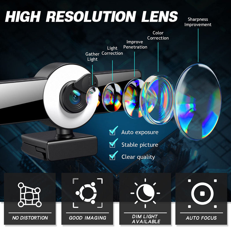  [AUSTRALIA] - 1080P Webcam with Ring Light Autofocus Streaming Webcam Web Camera with Adjustable Brightness Privacy Cover Microphone for PC Desktop Laptop MAC Computer Zoom Skype