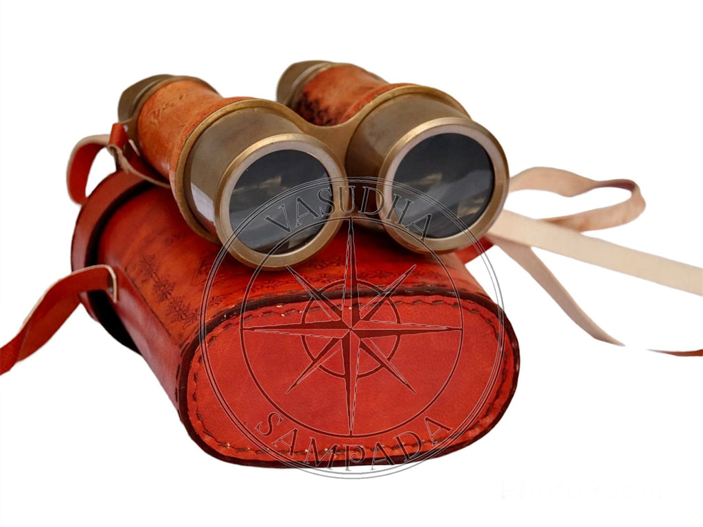  [AUSTRALIA] - VASUDHA SAMPADA HANDICRAFTS 6in Antique Victorian Marine Brass Leather Binocular Sailor Instrument for Adults & Kids with Neck Strap Handheld Marine Binoculars for Bird Watching, Hunting, Viewing