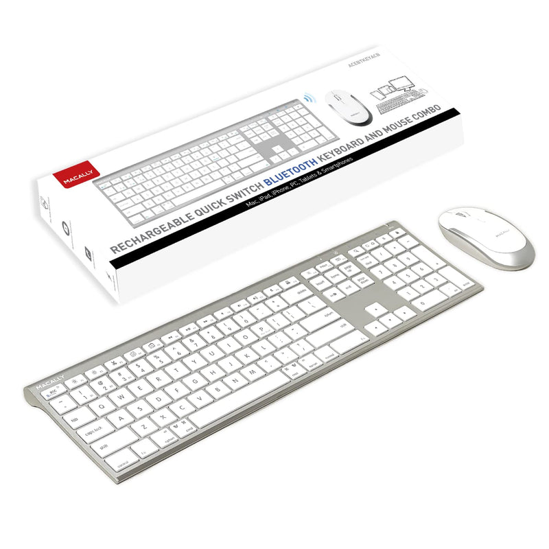  [AUSTRALIA] - Macally Premium Bluetooth Keyboard and Mouse for Mac - Multi Device - Rechargeable Mac Wireless Keyboard and Mouse Combo (110 Keys) - Slim Bluetooth Keyboard Mouse for MacBook and iMac - Silver Aluminum Silver