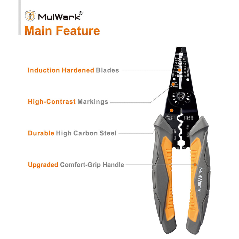  [AUSTRALIA] - MulWark 8" Heavy Duty Multi-Purpose Electrical Wire Stripping Tool (22 AWG - 8 AWG) Strippers, Snips, Crimpers & Pliers Insulated with Cutter, Best Tool For Professional Electrician - Upgraded