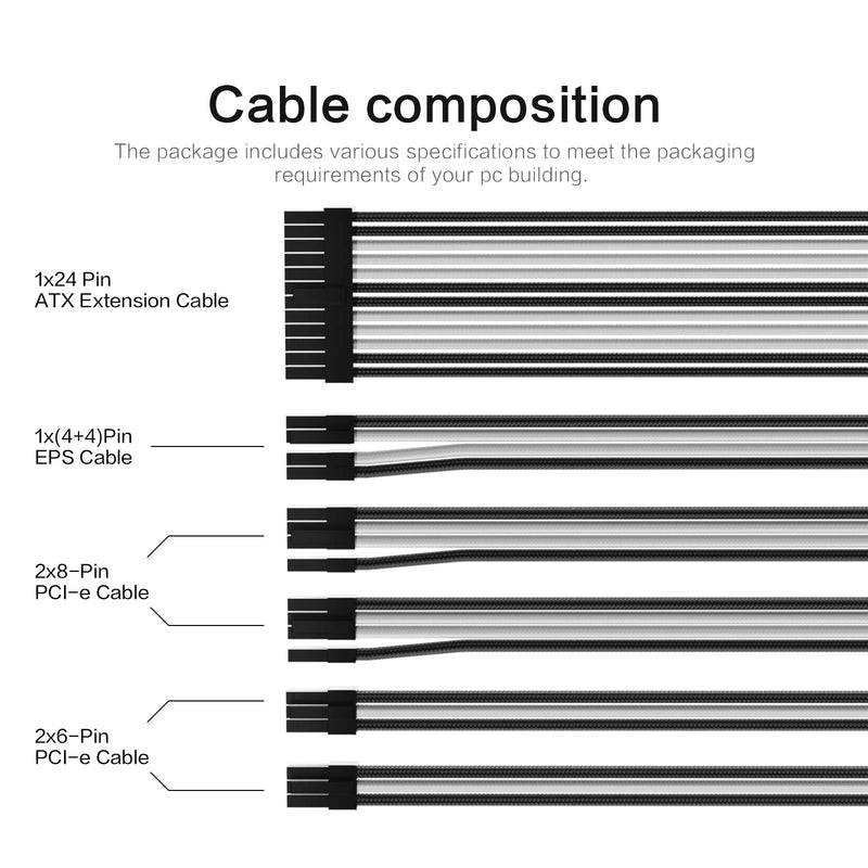  [AUSTRALIA] - Asiahorse Customization Mod Sleeve Extension Power Supply Cable Kit 18AWG ATX/EPS/8-Pin PCI-E/6-pin PCI-E (White-Black-Mix) MIX COLOR white-black