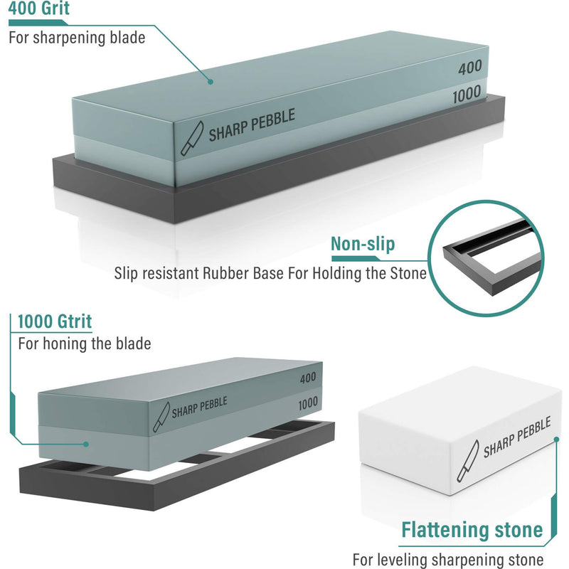  [AUSTRALIA] - Sharp Pebble Premium Whetstone Sharpening Stone 2 Side Grit 400/1000-Whetstone Knife Sharpener with Flattening Stone & NonSlip Rubber Base