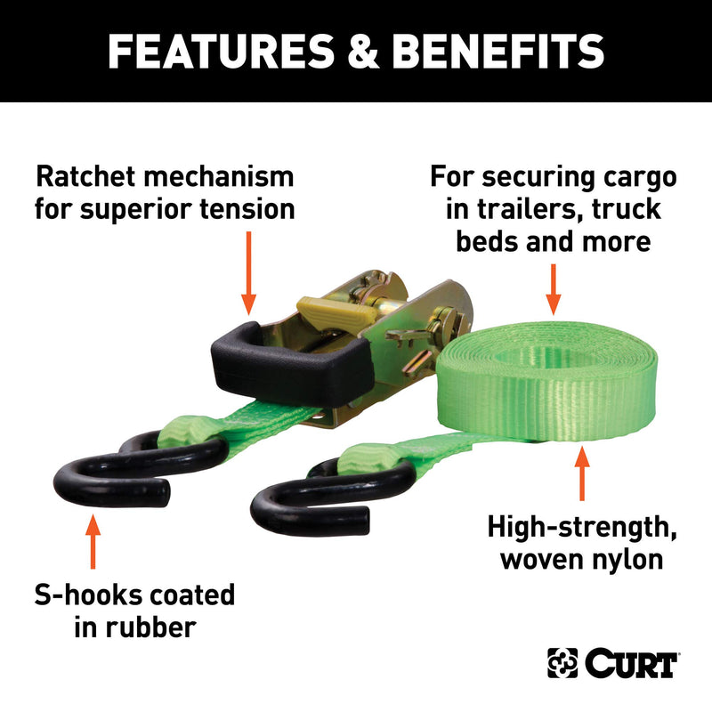  [AUSTRALIA] - CURT 83027 1-Inch x 16-Foot Lime Green Nylon Ratchet Strap, 3,300 lbs. Break Strength