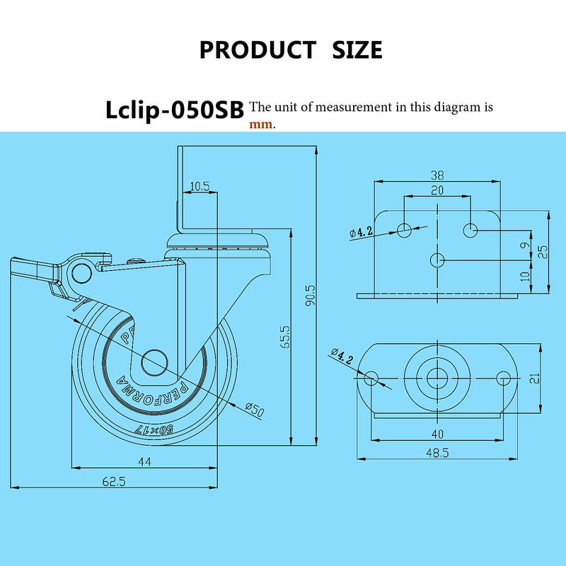  [AUSTRALIA] - Casoter 2"(50mm) L-Clip Plate Swivel Caster w/Brake, 5 Holes L-Clip Side Mount Plate for Narrow Install Place, TPE Rubber Wheel Move Silent Smooth Sturdy, 4 Pack Total Load Capacity 190Lbs/87Kg Swivel w/ Brake