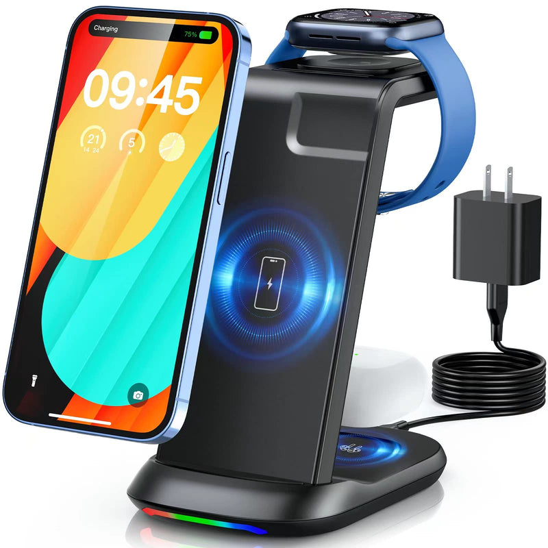  [AUSTRALIA] - Wireless Charging Station,3 in 1 Fast Charger Stand Compatible with iPhone 14/13/12/11 Pro Max/X/Xs Max/8/8 Plus, iWatch Series ultra/8/7/6/5/SE/4/3/2, AirPods 3/2/pro/pro 2 (Adapter Included) Black