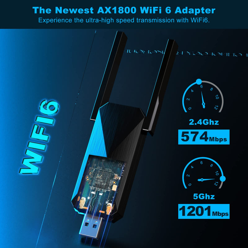  [AUSTRALIA] - USB WiFi Adapter for PC, AX1800 USB3.0 Wireless WiFi 6 Adapter for Desktop PC with 5G/2.4G High Gain Antenna, Drive Free 1800Mbps Dual Band WiFi Dongle, PC WiFi Adapter Only Support Win10/11 Black AX1800