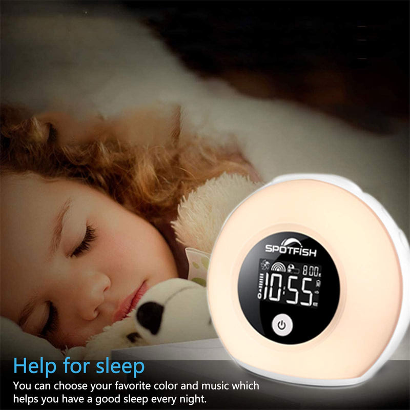  [AUSTRALIA] - SPOTFISH Alarm Clock for Kids, Wake Up Light Wireless Bluetooth Speaker, Dimmable Warm Light& Colorful Lights, Sleep Night Light Table Lamp Alarm Clock for Girl, Bedroom