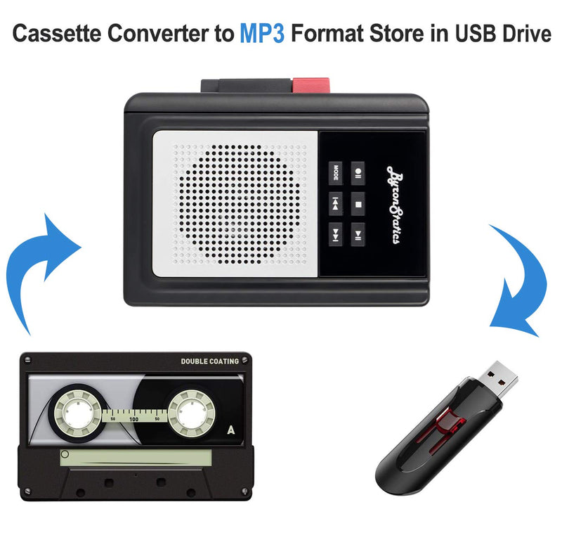  [AUSTRALIA] - ByronStatics Portable Cassette Players, Walkman Cassette Player Convert to MP3 WAV by USB Flash, Built-in Mic and Speaker Belt Clip Earbud Included 2 AA Battery Black-White