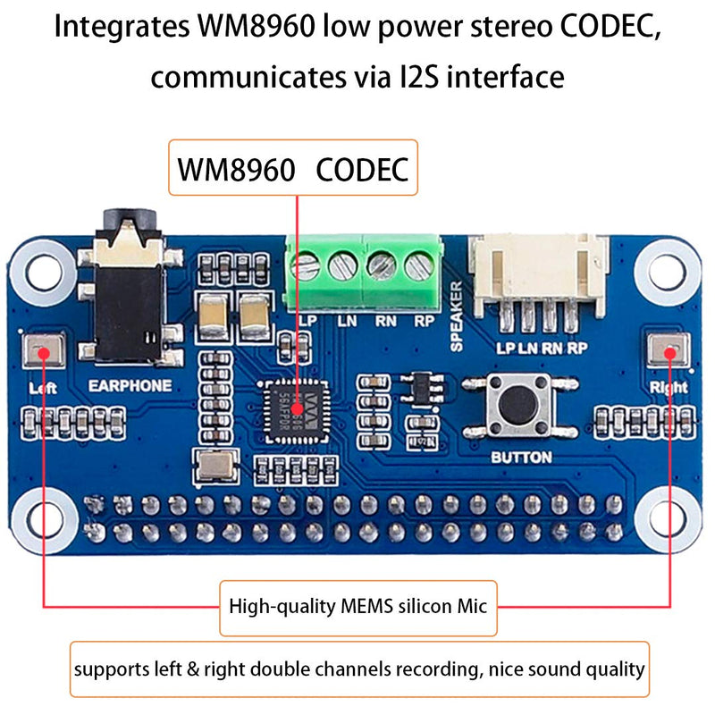  [AUSTRALIA] - Audio HAT Module for Raspberry Pi 4B/3B+/3B/2B/B+/A+/Zero/Zero W/Pi Zero WH,WM8960 Hi-Fi Sound Card HAT Stereo CODEC, Play/Record WM8960 Audio HAT