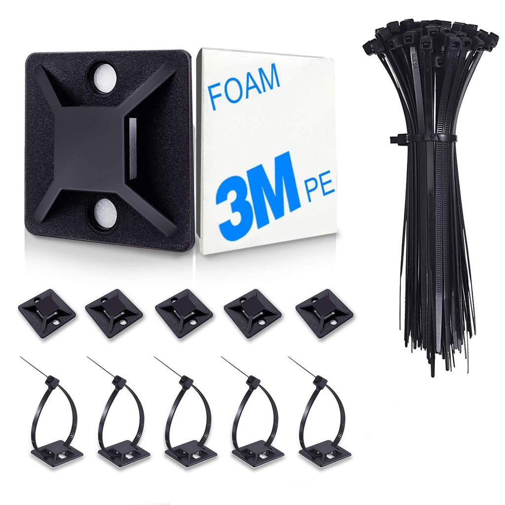  [AUSTRALIA] - 4/5" 100 Pack Zip Tie Mount With Cable Ties,Self Adhesive-backed Mounts For Wire Holder , Black Cable Management Clips Wall Anchors
