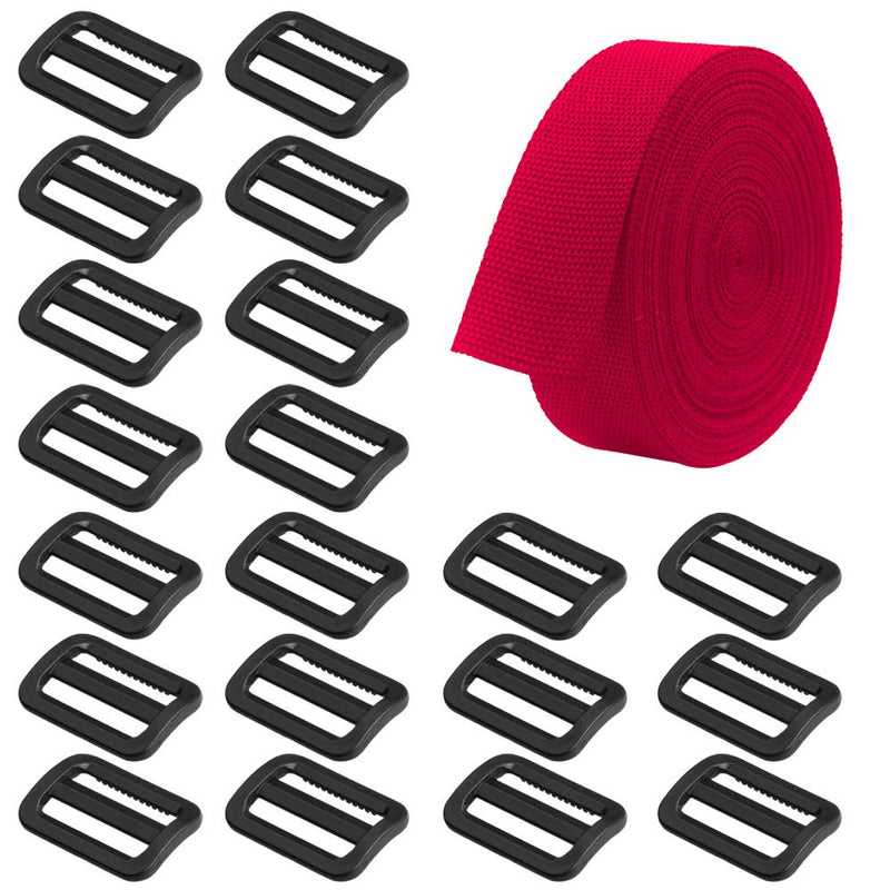  [AUSTRALIA] - SourceTon Heavyweight Polypropylene Webbing Red 1 Inch by 10 Yard & 20 Pieces Plastic Triglide Slides, Heavy Duty Poly Strapping (Red), Tri-Glide Slides(Black) for Outdoor DIY Gear Repair