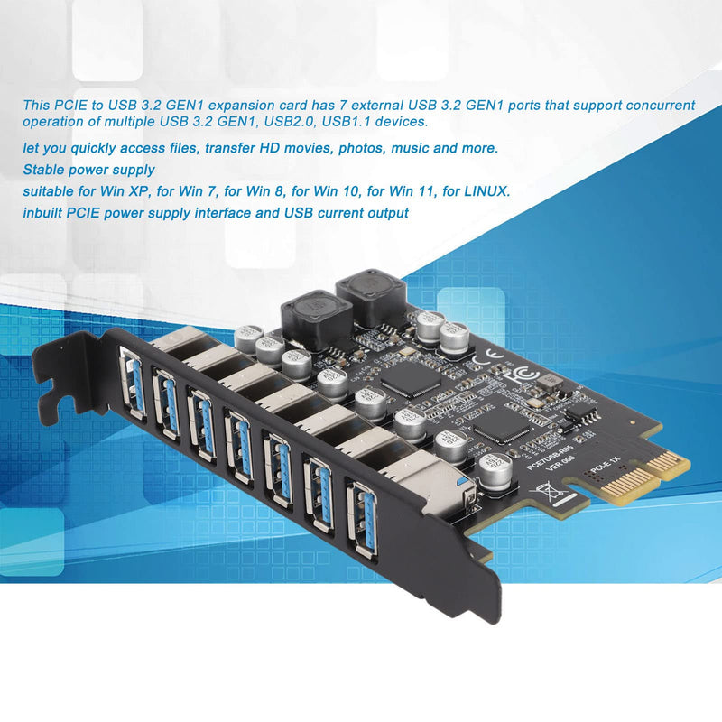  [AUSTRALIA] - Lteriver Pcie USB Card Pcie USB 3.2 Metal, Plastic 7 Port Pcie Expansion Card 7 Ports USB 3.2 Gen1 5Gbps High Speed Transmission Stable Power USB 3.2 Gen1 Front Expansion Card