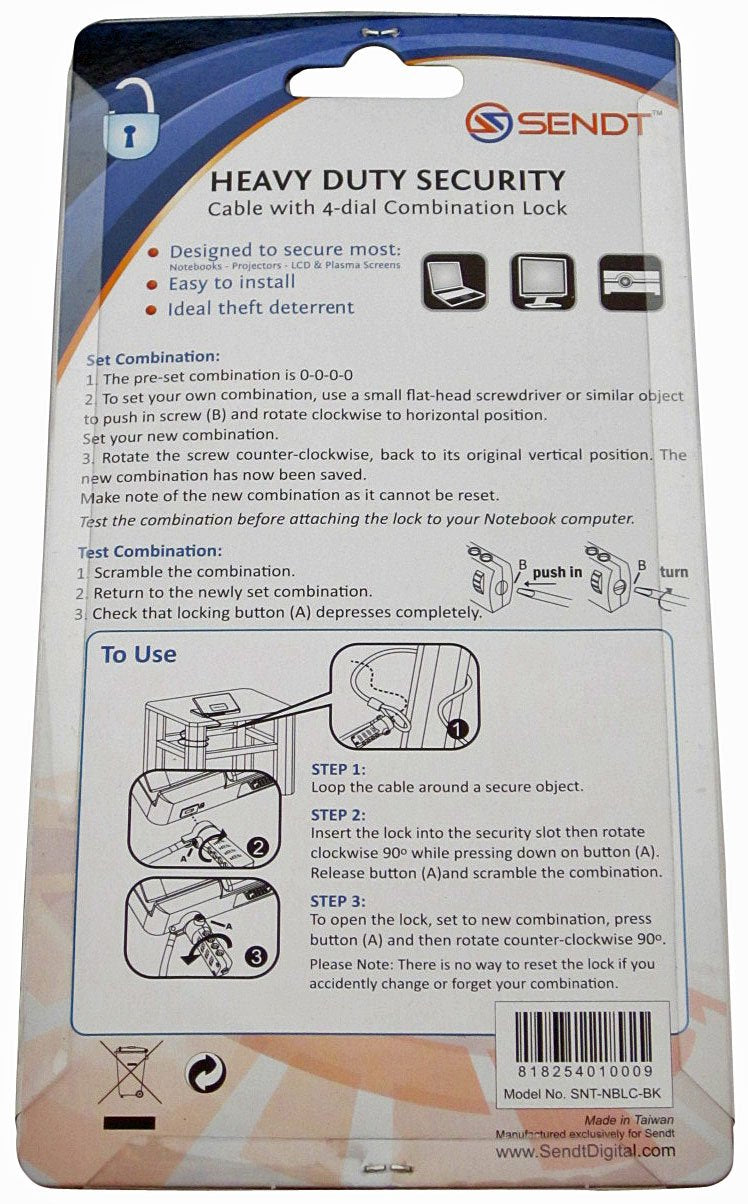  [AUSTRALIA] - Sendt Black Notebook/Laptop Combination Lock Security Cable