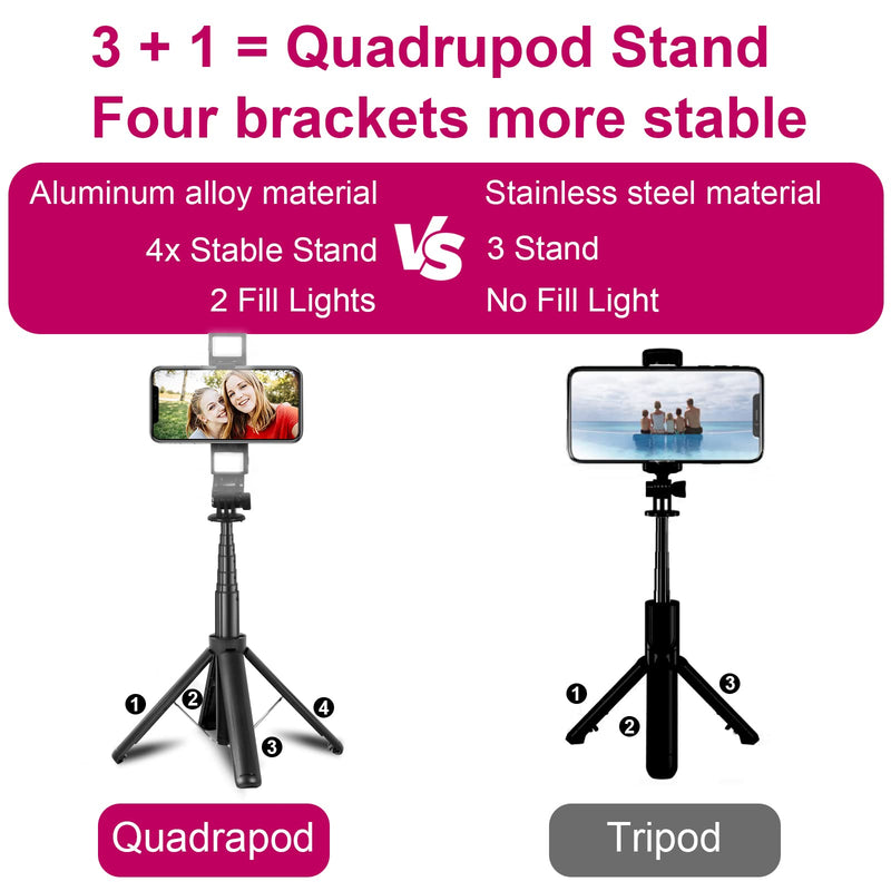  [AUSTRALIA] - 39" Selfie Stick Cell Phone Tripod Stand,Portable Quadrupod Stand with Wireless Remote,Two Led Lights,All Aluminum Stick & Legs Tripod,Compatible with iPhone Android,Perfect for Selfies/Video/Live