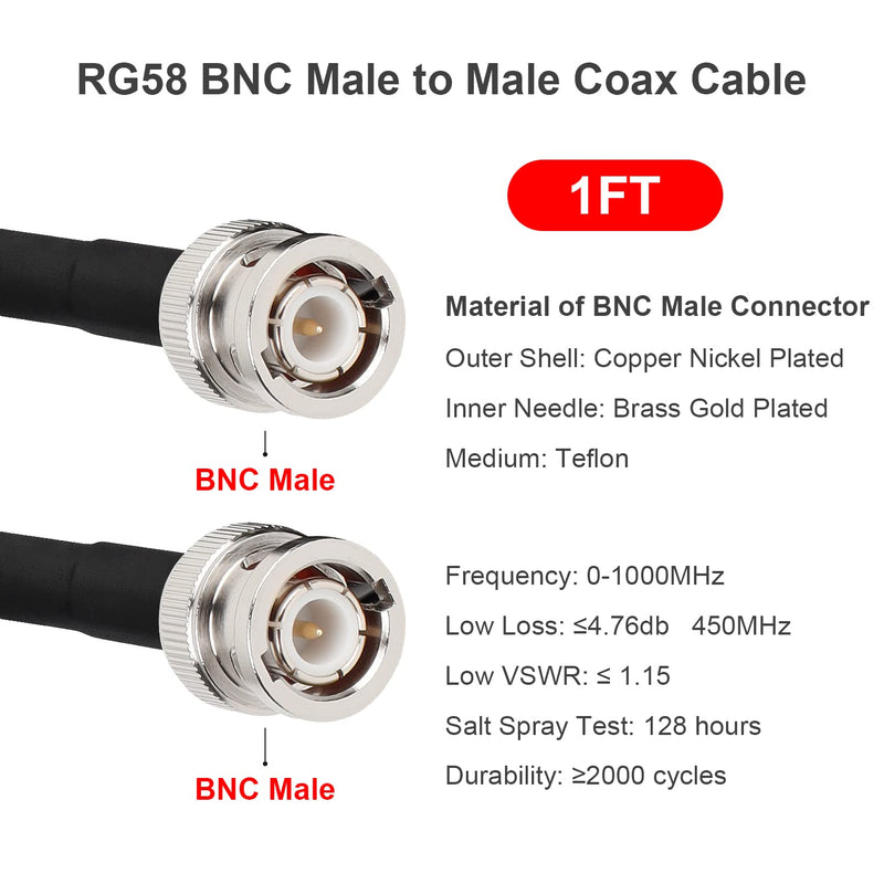  [AUSTRALIA] - MOOKEERF BNC Male to BNC Male Coax Cable, 50 Ohm RG58 Coaxial Cable with BNC Connectors, 1ft (2Pcs) 1FT-2PCS