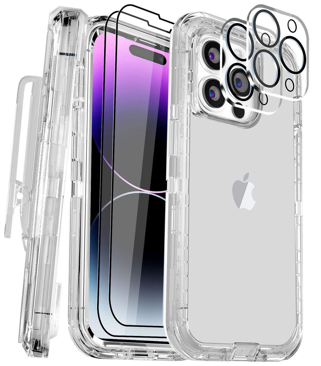  [AUSTRALIA] - BypaBox for iPhone 14 Pro Case 6.1" with 2 Screen Protector, Belt Clip Holster Kickstand and 2 Camera Lens Protector, Heavy Duty Military Grade Phone Case Cover (Belt Clip,Crystal Clear) 14 Pro-Belt Clip,Crystal Clear