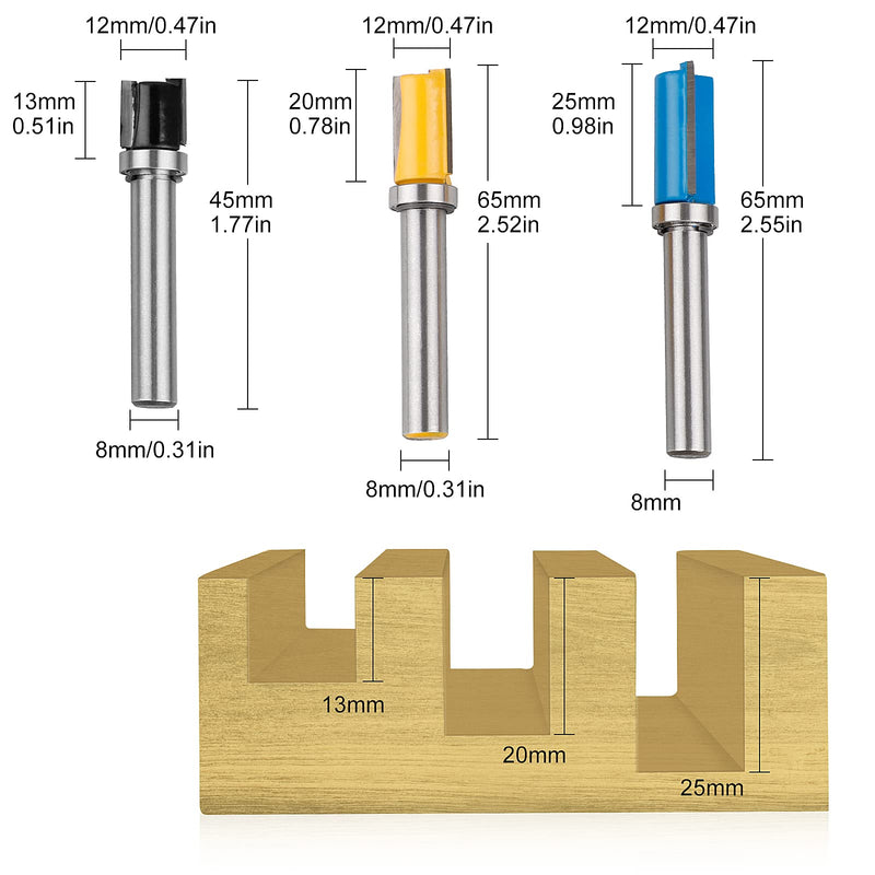 [AUSTRALIA] - CPROSP 3pcs 8mm Shank Flush Cutter, Milling Cutter 8mm Shank Router, for Woodworking, Top/Bottom Bearing Flush Trim Bit Flush Cutter 8mm