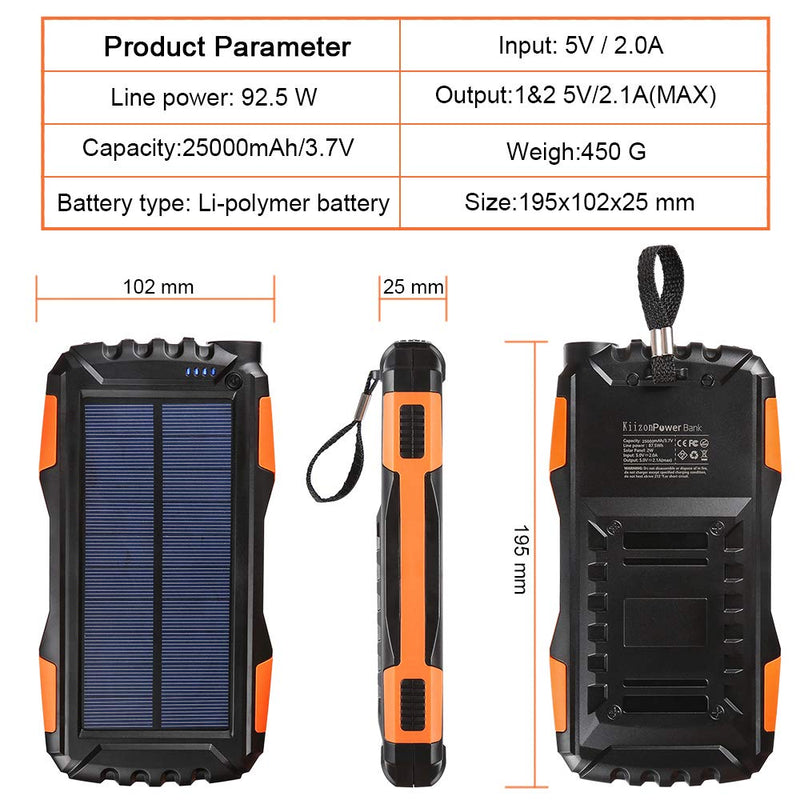 Kiizon Solar Phone Charger 25000mAh Outdoor Portable Chargers with Dual 2.1A USB Outport,Solar Power Bank External Battery Powerd Pack with Flashlight for iPhone,Samsung,Camping-Shock,Dust&Waterproof - LeoForward Australia