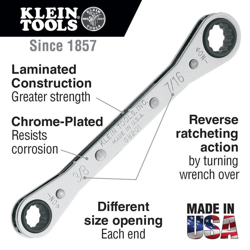  [AUSTRALIA] - Klein Tools 68201 Ratcheting Box Wrench 3/8-Inch x 7/16-Inch with Reverse Ratcheting and Chrome Plated Finish