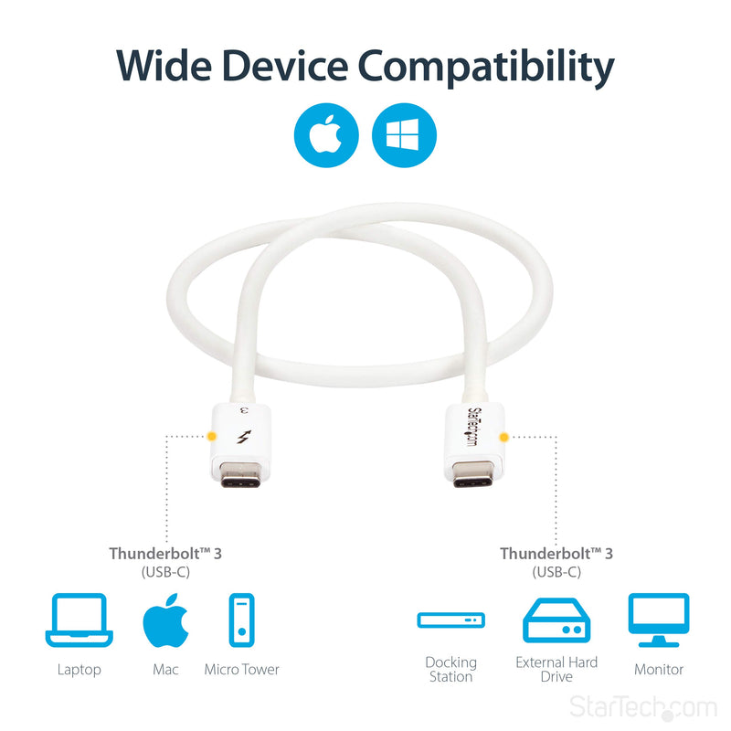 StarTech.com 40Gbps Thunderbolt 3 Cable - 1.6ft/0.5m - White - 5k 60Hz/4k 60Hz - Certified TB3 USB-C Charger Cord w/ 100W Power Delivery (TBLT34MM50CW) 1.5ft 40Gbps | White - LeoForward Australia