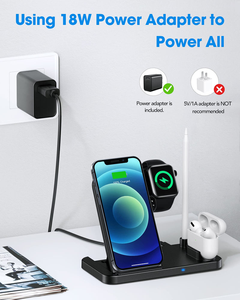  [AUSTRALIA] - 4 in 1 Wireless Charging Station for Apple Products, Fast Wireless Charger Charging Stand Compatible with Apple Watch SE 6 5 4 3 2, AirPods Pro, Pencil and iPhone 12, 11, 11 Pro max, Xr Xs max, X Black