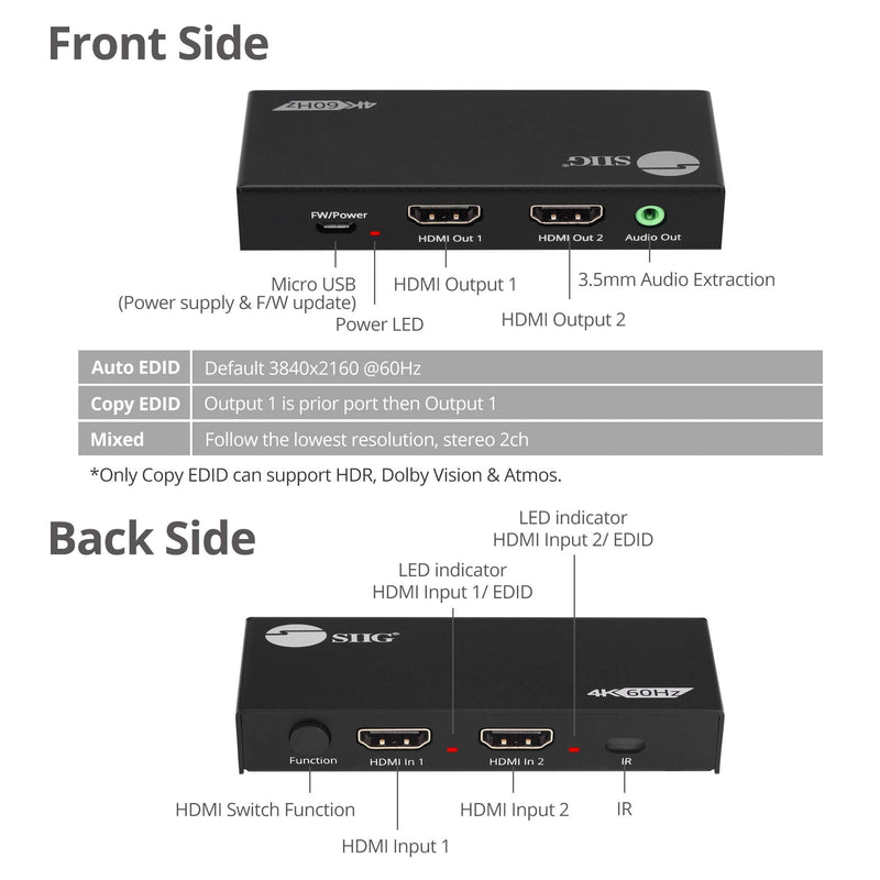  [AUSTRALIA] - SIIG 2x2 HDMI Splitter and Switch 4K 60Hz HDR, HDCP Bypass 2.2, EDID - Digital and PCM 7.1 Audio - IR Remote Control, 2 in 2 Out (CE-H26D11-S1)