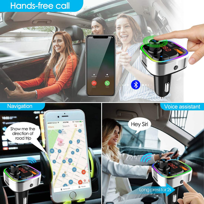 Bluetooth 5.0 Car FM Transmitter,QC3.0 Wireless Bluetooth Car Adapter Mp3 Music Player Car Kit with Hands-Free Calling and 2 USB Charge,LED Backlit,Play TF Card/USB for All Smartphones Audio Players Silver - LeoForward Australia