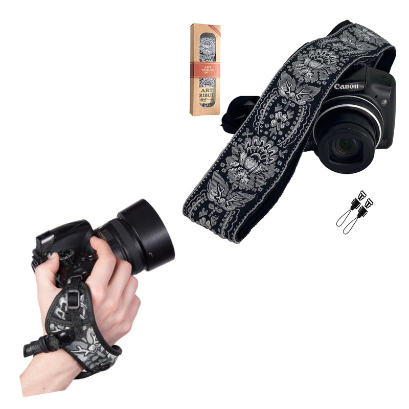  [AUSTRALIA] - Black Silver Classic Camera Strap and Hand Wrist Strap Bundle for All DSLR Camera. Embroidered Elegant Universal Camera Strap, Best Gift for Photographers