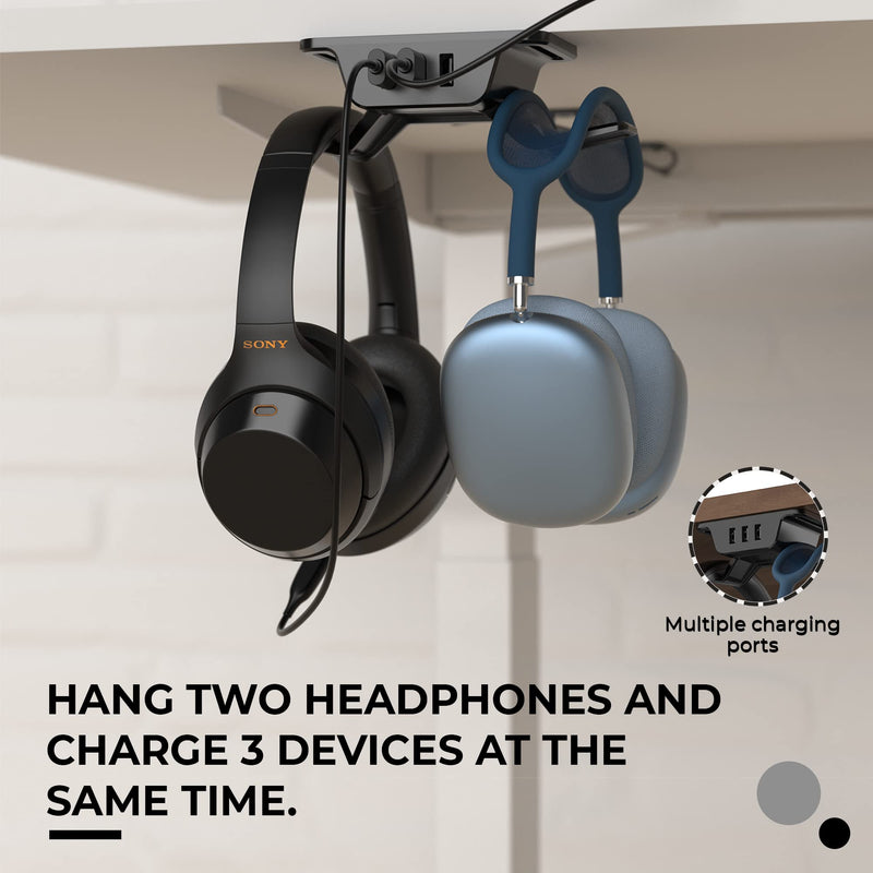  [AUSTRALIA] - HumanCentric Hook and Charge Headphone Hanger with USB Charger, Under Desk Headphone Mount + Headphone Stand, Charge Accessories with 3 USB A Ports, Hook Headphones on Headset Holder Desk Hook, Black