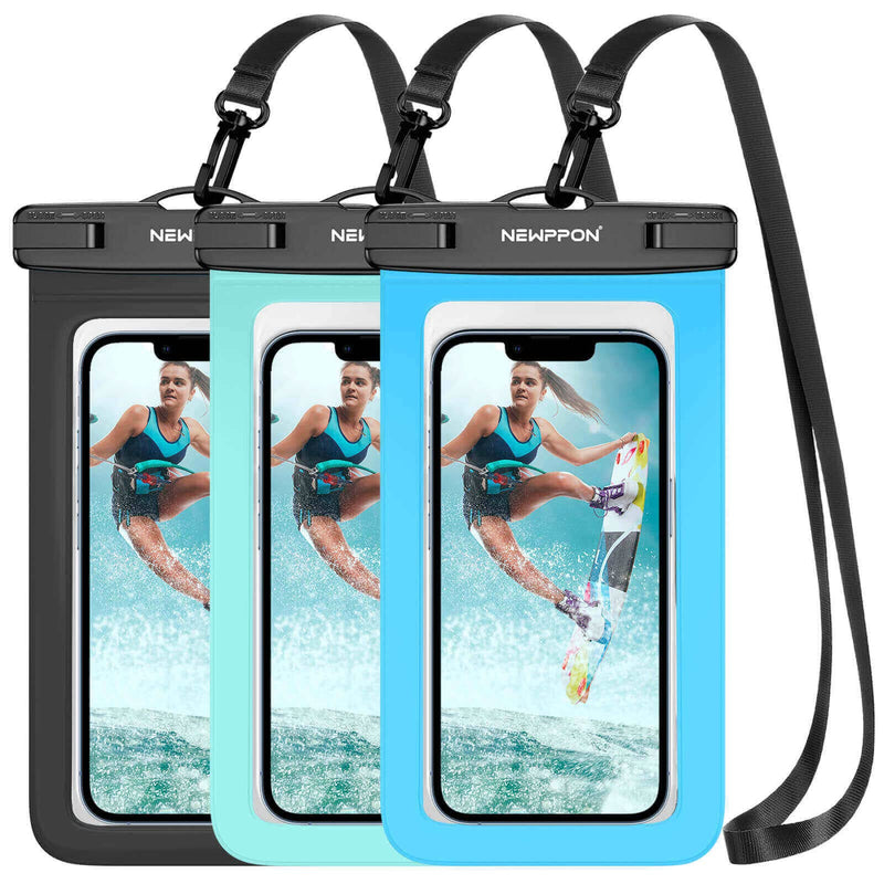  [AUSTRALIA] - Newppon Large Waterproof Phone Pouch : 3 Pack Universal Water Proof Dry Bag - Underwater Cellphone Case Holder for iPhone 14 13 12 11 Pro Max Mini Plus Samsung Galaxy Note S22 for Beach Swimming Pool Black+Green+Blue