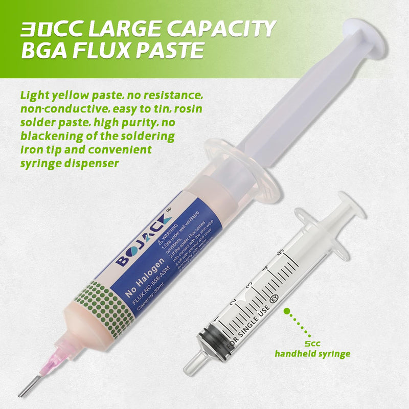  [AUSTRALIA] - BOJACK 30ML Lead-Free Solder Flux Syringe Solder Flux Paste with 2 Dosing Tools and Push Rod Syringe for LED SMD PCB BGA Electronic Soldering (1.62 oz/46 g)