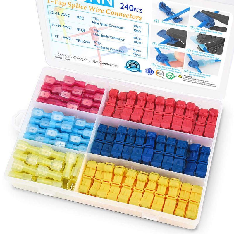  [AUSTRALIA] - TICONN 240PCS T-Tap Wire Connectors, Self-Stripping Quick Splice Electrical Wire Terminals, Insulated Male Quick Disconnect Spade Terminals Assortment Kit with Storage Case (240) 240
