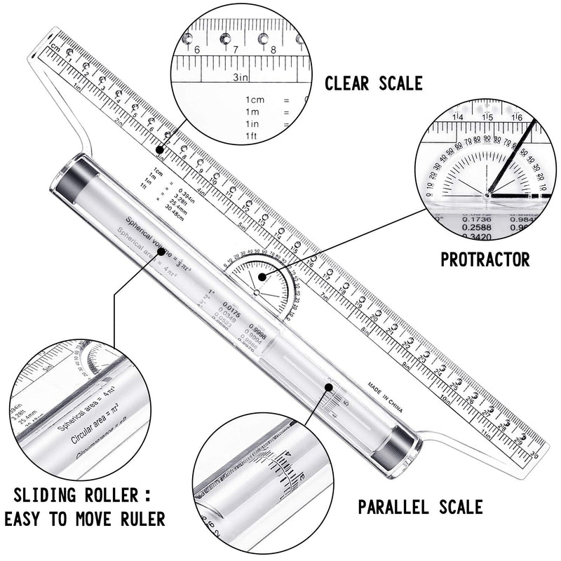  [AUSTRALIA] - 2 Pieces Plastic Measuring Rolling Ruler, Drawing Roller Ruler, Parallel Ruler, Multifunctional Drawing Design Ruler for Measuring, Drafting, Student, School and Office (12 Inch) 12 Inch Inches