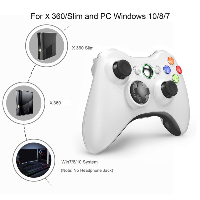  [AUSTRALIA] - VOYEE Wireless Controller Compatible with Microsoft Xbox 360 & Slim/PC Windows 10/8/7, with Upgraded Joystick/Double Shock (White) White