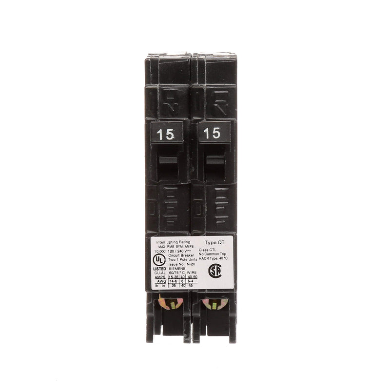  [AUSTRALIA] - SIEMENS Q1515 Two 15-Amp Single Pole 120-Volt Circuit, use only Where Type QT Breakers are Allowed, Black