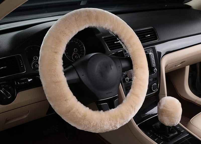  [AUSTRALIA] - QINU Wool Car Steering Wheel Cover, Auto Vehicle Non-Slip Steering Wheel Cushion Protector Available for 35cm-42cm (Beige) Beige