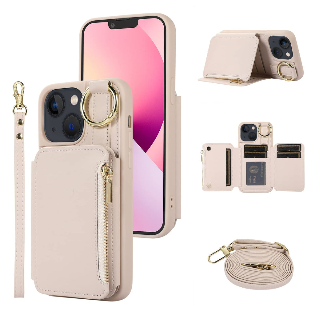  [AUSTRALIA] - Nunwiza for Crossbody iPhone 14 Case/iPhone 13 Case Wallet with Shoulder Wrist Straps, Leather Zipper Handbag Purse Credit Card Holder Flip Case Compatible with iPhone 14 6.1 Inch Beige iPhone 14/13 6.1