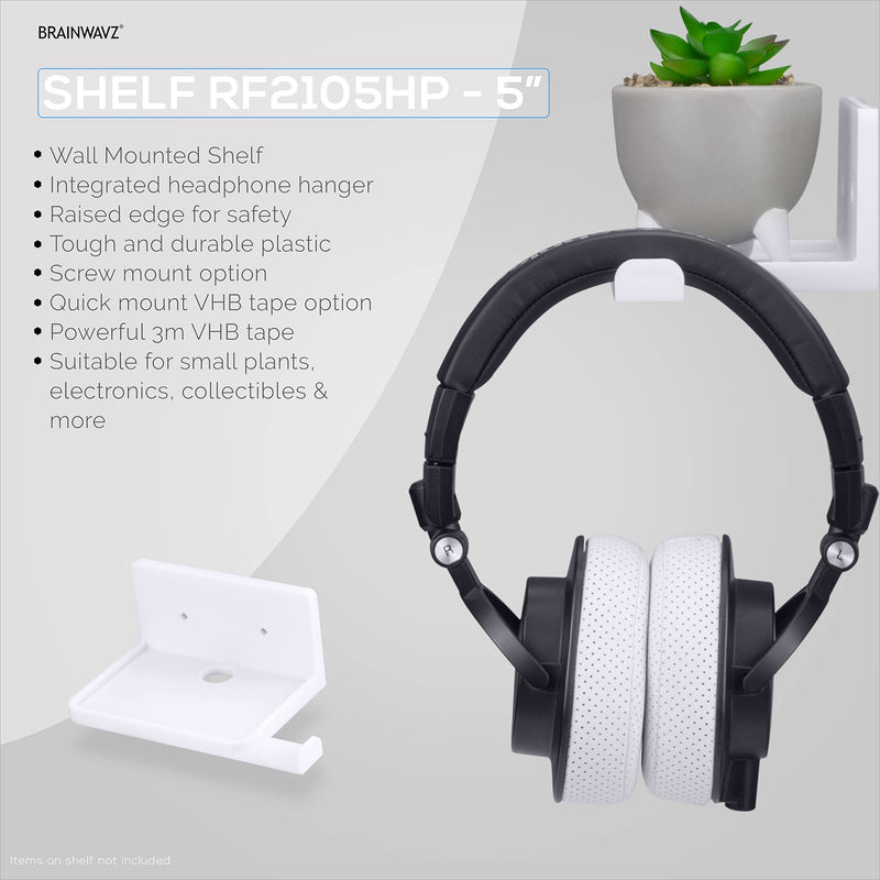  [AUSTRALIA] - BRAINWAVZ [EOL] 5” Small Shelf with Headphone Hanger, Adhesive & Screw in, for Bluetooth Speakers, Cameras, Plants, Toys, Books & More (RF2105-HP, White) [EOL] SideShelf Headphones