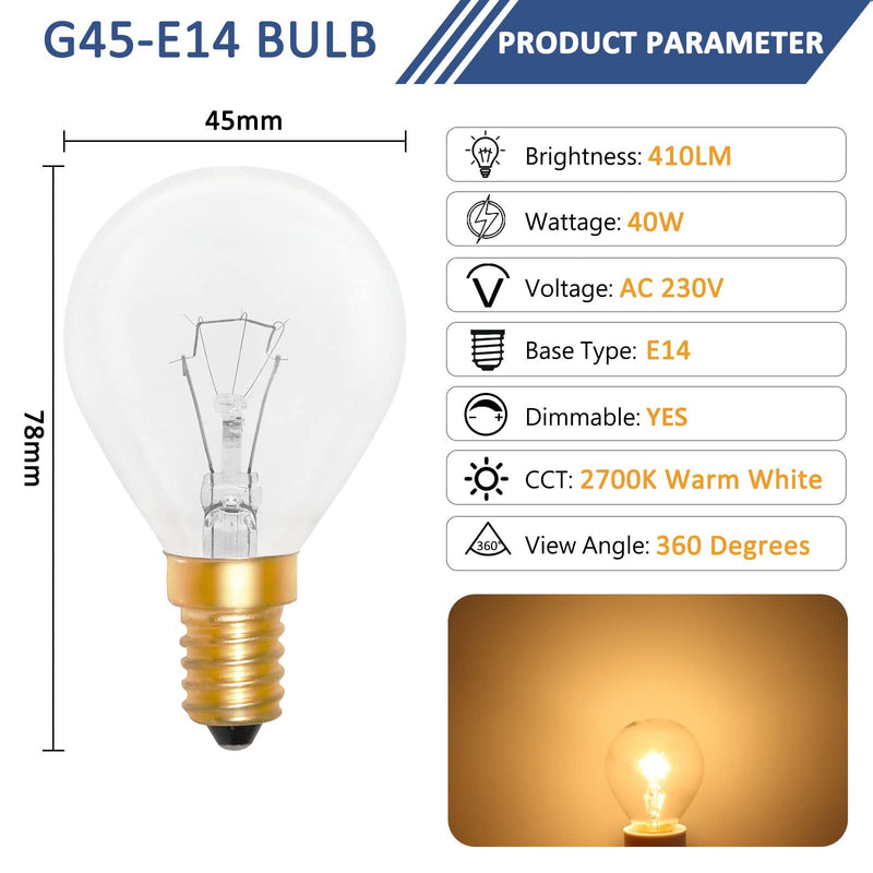  [AUSTRALIA] - Caldarax Pack of 2 oven lamps G45 40W E14, dimmable 2700K warm white stove light bulb, 410 lumens, 78MM * 45MM, heat-resistant up to 300°C, P45 240V globe clear light bulbs for oven, lava lamp