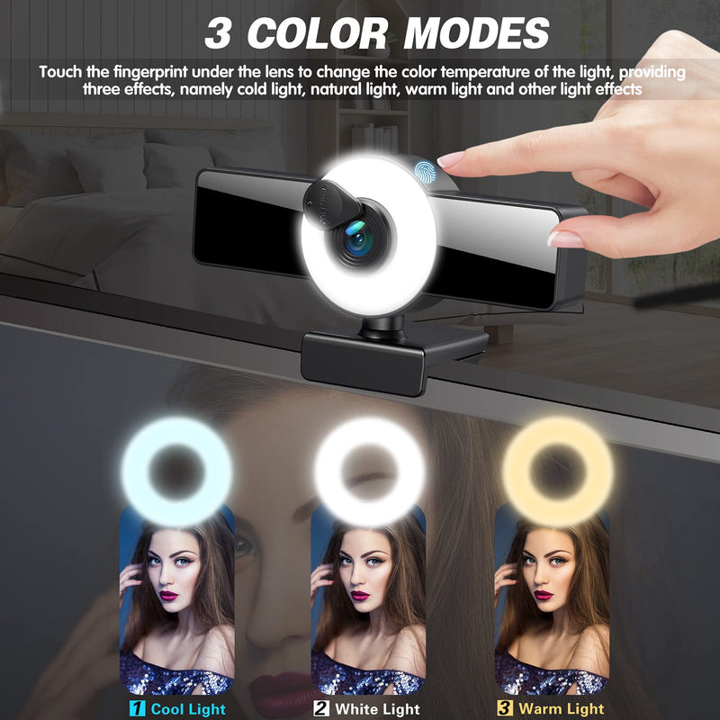  [AUSTRALIA] - 1080P Webcam with Ring Light Autofocus Streaming Webcam Web Camera with Adjustable Brightness Privacy Cover Microphone for PC Desktop Laptop MAC Computer Zoom Skype