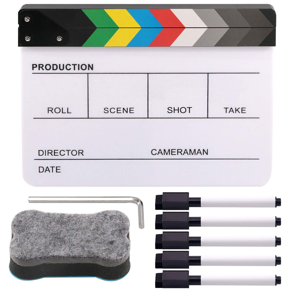  [AUSTRALIA] - Rustark Movie Film Clap Board, Acrylic 10"x12" Acrylic Dry Erase Director Clapboard, Professional Photography Studio Video TV Cut Action Scene Clapper Board with 5 Pcs Erasable Pen