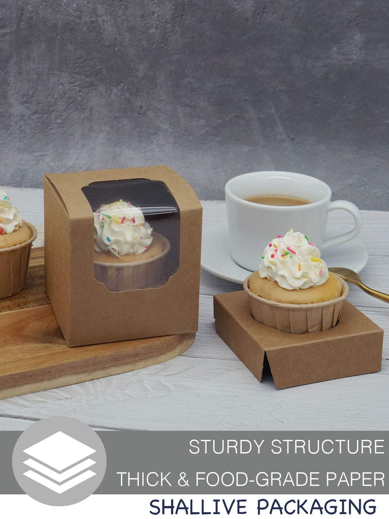  [AUSTRALIA] - SHALLIVE Kraft Paper Cupcake Boxes Individual 15 Pack with Window and Sturdy Insert, 3.4" x 3.4" x 3.4" Pre-Assembled for Easy Assembly Brown