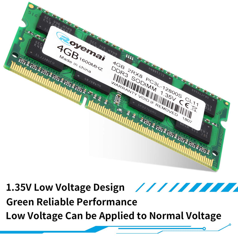 4GB DDR3 / DDR3L 1600MHz SODIMM RAM, Royemai PC3L-12800 2Rx8 1.35V 1.5V CL11 204-pin Notebook Laptop RAM Memory Module DDR3L 12800 1x4G-12800SL-Green - LeoForward Australia