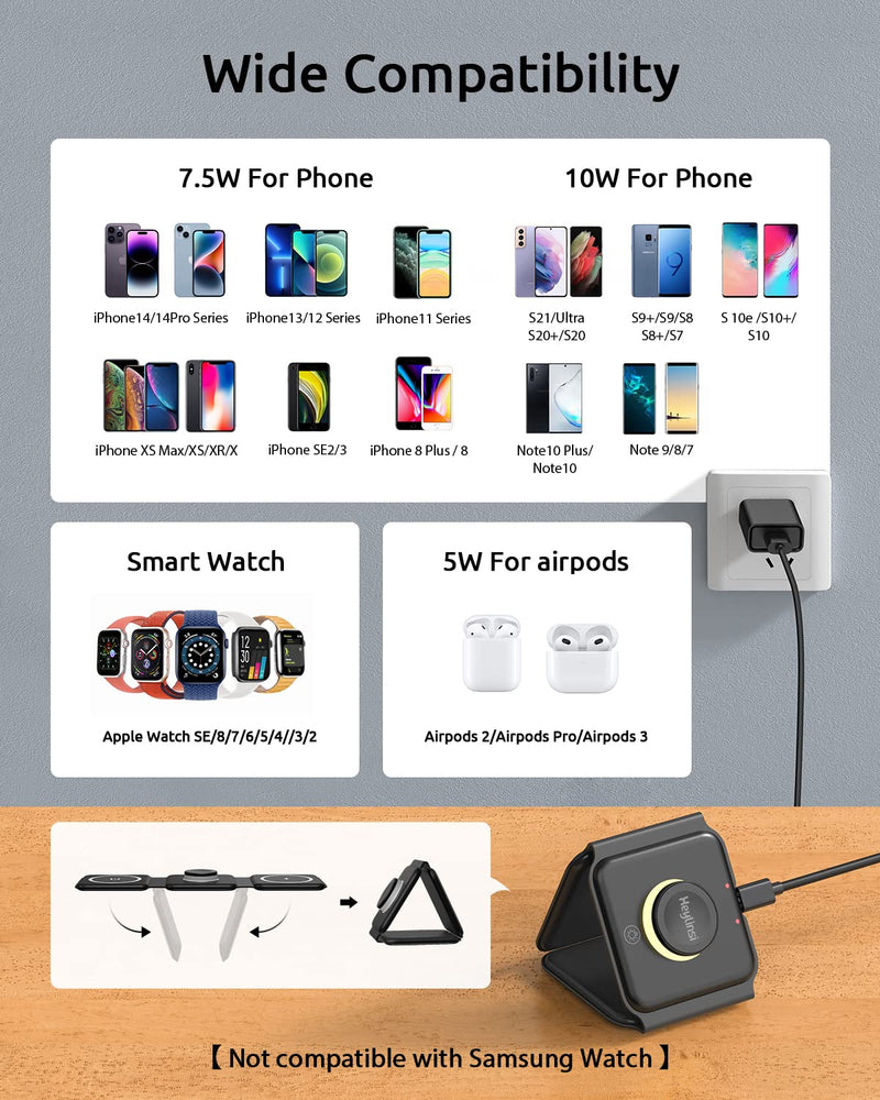  [AUSTRALIA] - Heylinsi Wireless Charger, 3 in 1 Wireless Charging Station Foldable Charger Stand Compatible for iPhone 14/13/12/SE/11/XS/X/8,Samsung Galaxy, for AirPods Pro,Apple Watch Series(Adapter Included).