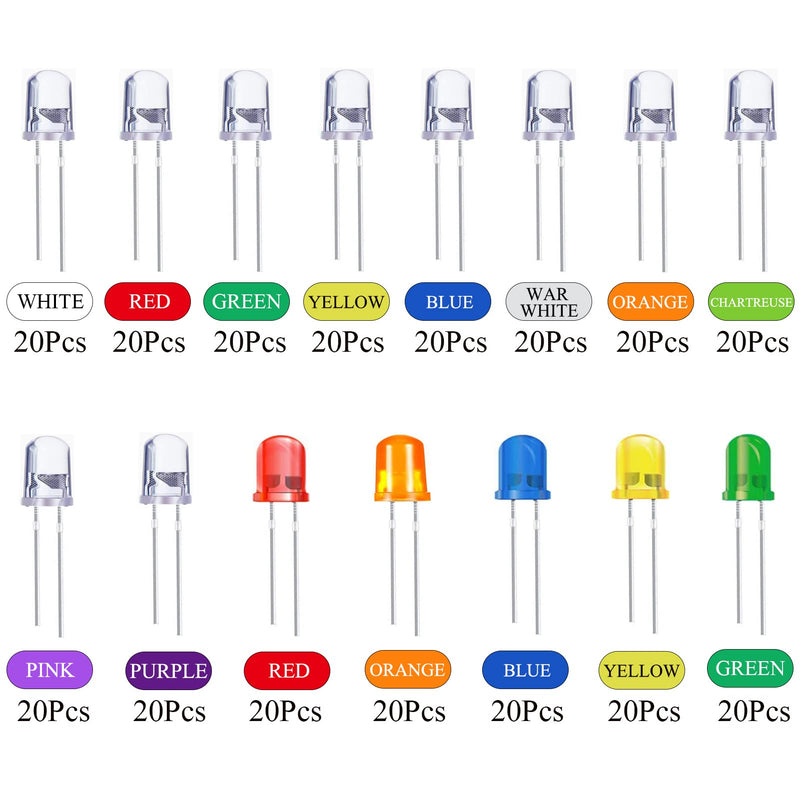  [AUSTRALIA] - AUKENIEN 15 Colors LED Diodes 5MM LED Diodes Assortment Kit Round Head LED Light Diffuse Diodes Set Red Blue Yellow Green White Warm White Orange Pink Purple Chartreuse (20 Pieces Each Color) 5MM LED Diodes - 15 Colors