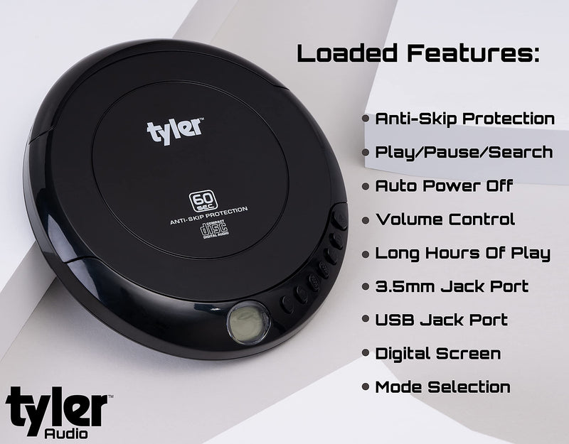  [AUSTRALIA] - Tyler Portable CD Player Small Handheld Walkman Anti-Skip Shockproof Quality Earbuds Included Great for Kids Car Home Travel Gym USB AUX Output Disc CD-R CD-RW in-Car Compatible Compact & Lightweight