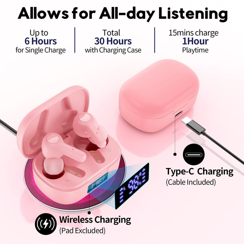 [AUSTRALIA] - Bluetooth 5.2 Wireless Earbuds,Deep Bass Loud Sound Clear Call Noise Cancelling with 4 Microphones in-Ear Headphones with Wireless Charging Case Compatible for iPhone Android,Workout-Pink Medium Pink