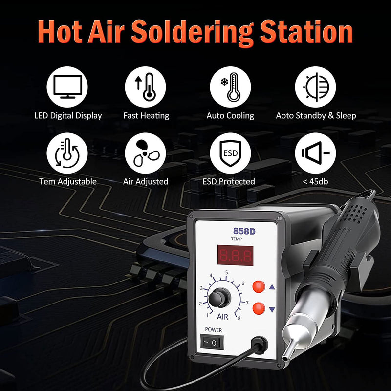  [AUSTRALIA] - 858D hot air soldering station, techextra hot air soldering device, rework station LED digital display 100-480°C, 700W hot air soldering station with 3 hot air dryer mouthpieces for BGA, SOIC, CHIP, QFP, PLCC SMD 858D